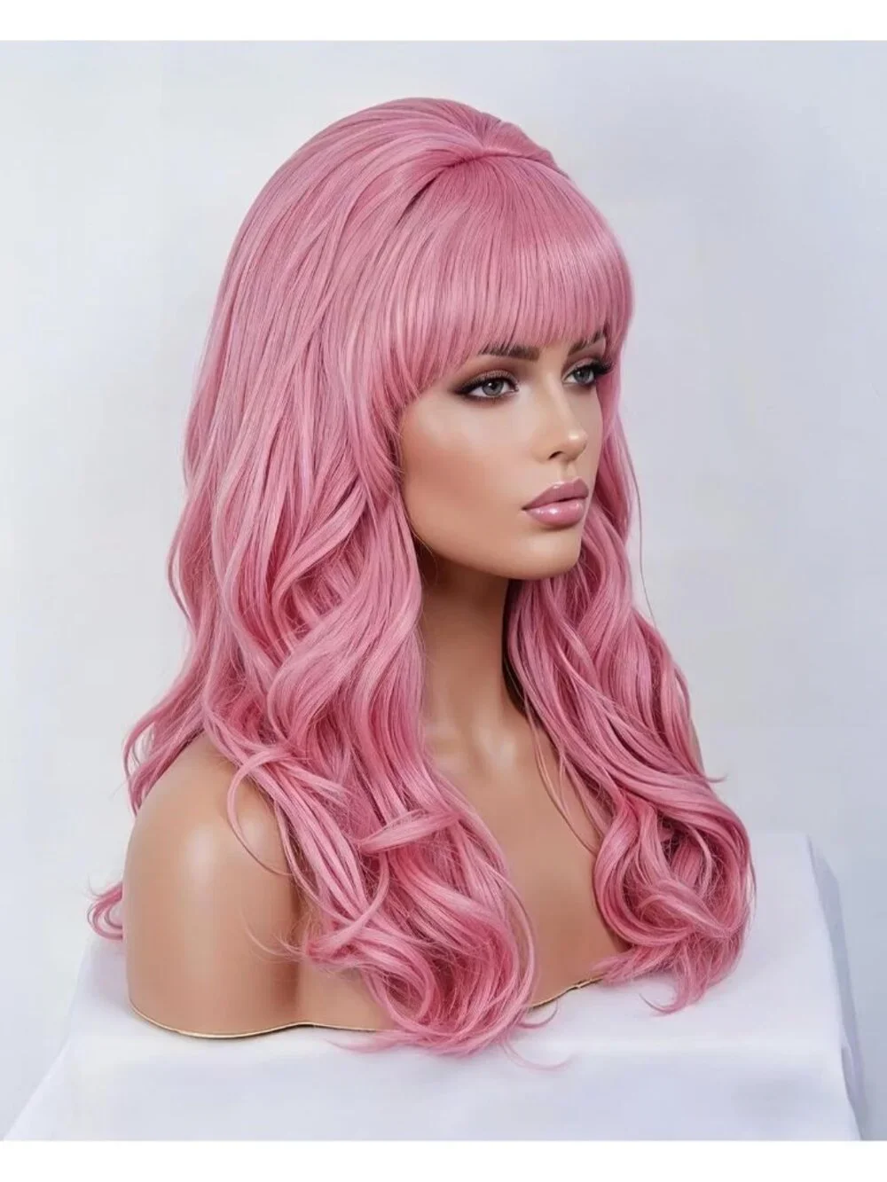 Women's Pink Heat Resistant Synthetic Fiber Retro Long Wavy Wigs Bangs